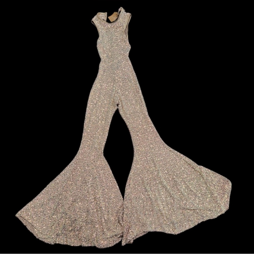 NWT Dazzling Nights Sequin Jumpsuit Club Exx Dolls Kill flared leg catsuit XS